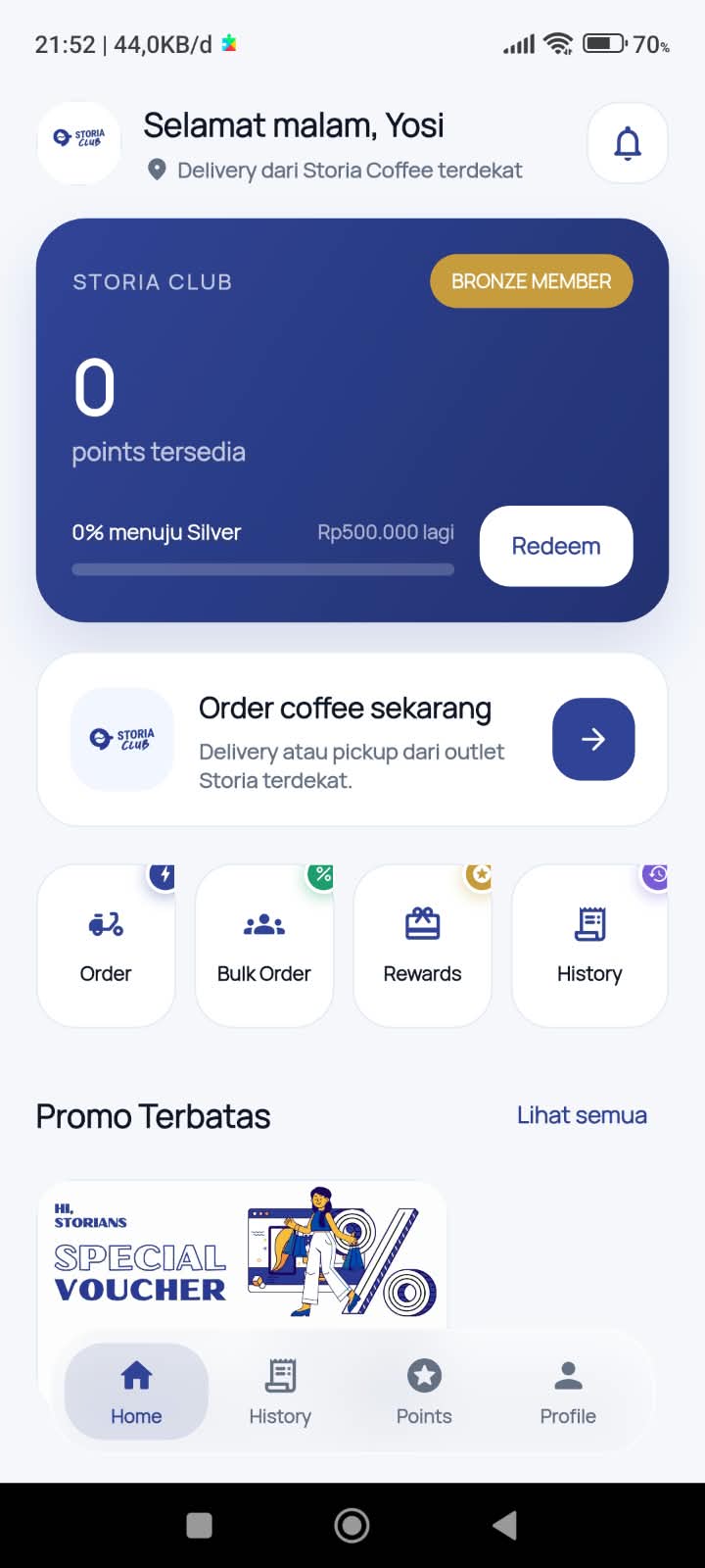 Tampilan beranda aplikasi Storia Club